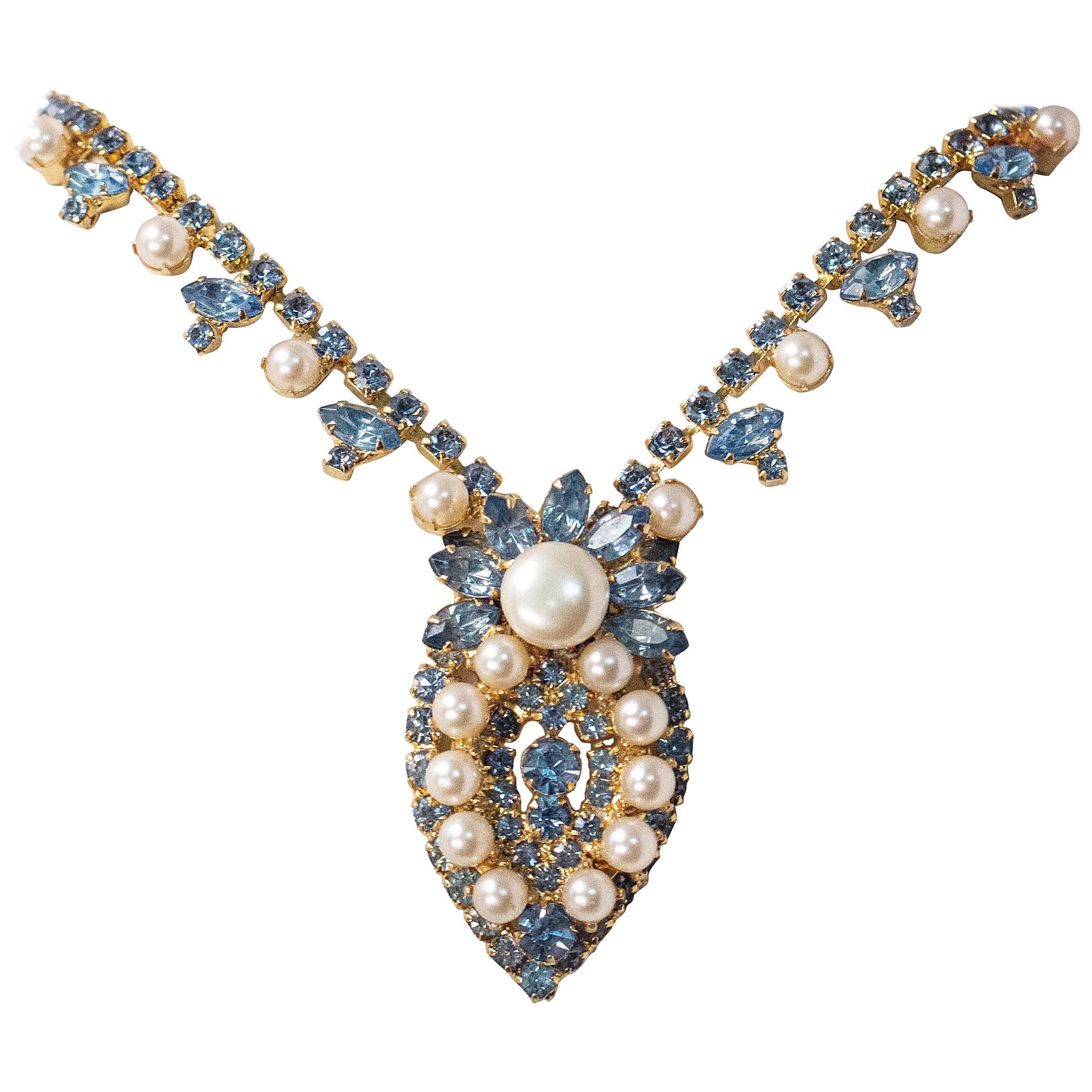 50s Blue Rhinestone and Faux Pearl Necklace