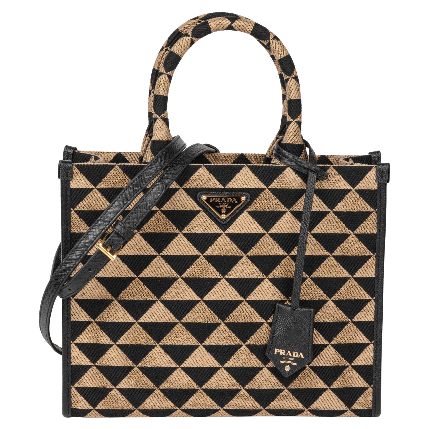 PRADA Black & Beige Embroidered Fabric Small Symbole
