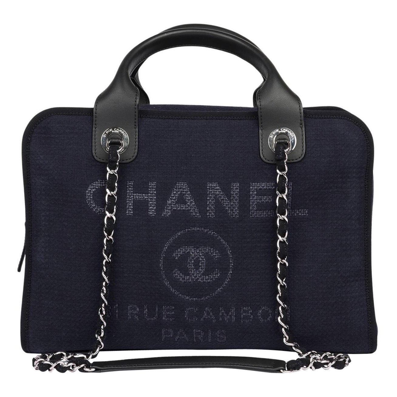 Chanel Borsa da bowling Deauville in tela marina e pelle di vitello nera in vendita