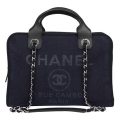 Chanel Navy Canvas & Black Calfskin Leather Deauville Bowling Bag