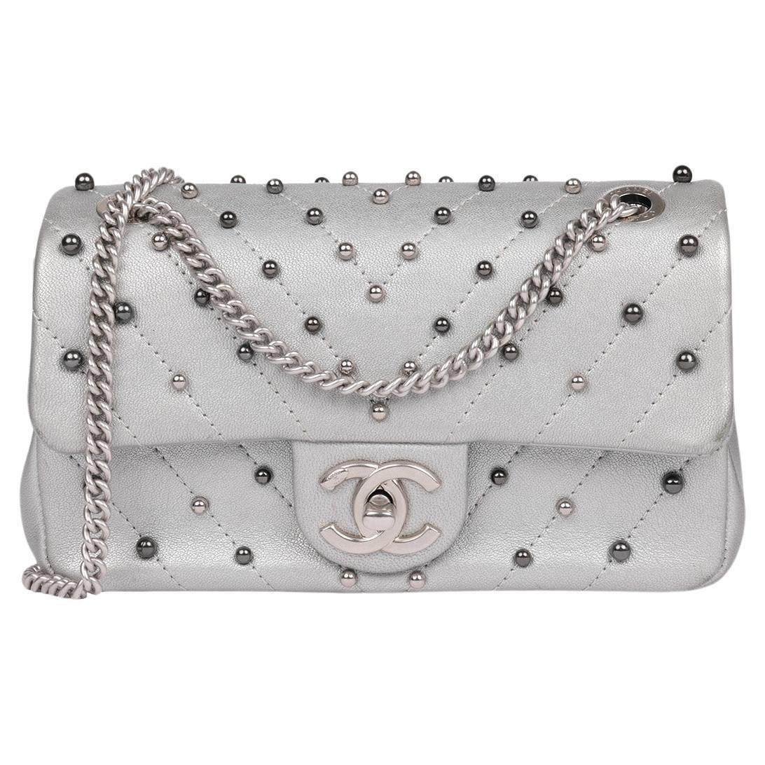 Chanel Silver Chevron Quilted Lambskin Stud Wars Rectangular Mini Flap Bag