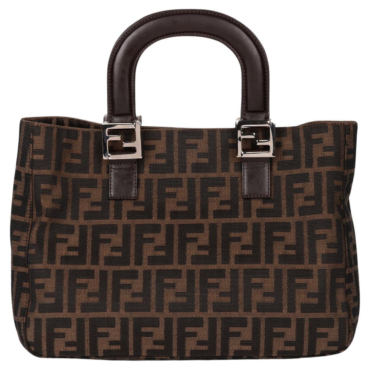 Fendi Brown Zucca Canvas & Calfskin Leather Vintage Small Tote en venta