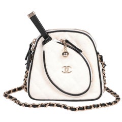 Chanel White Quilted Canvas & Black Calfskin Leather Mini Crossbody Tennis Bag