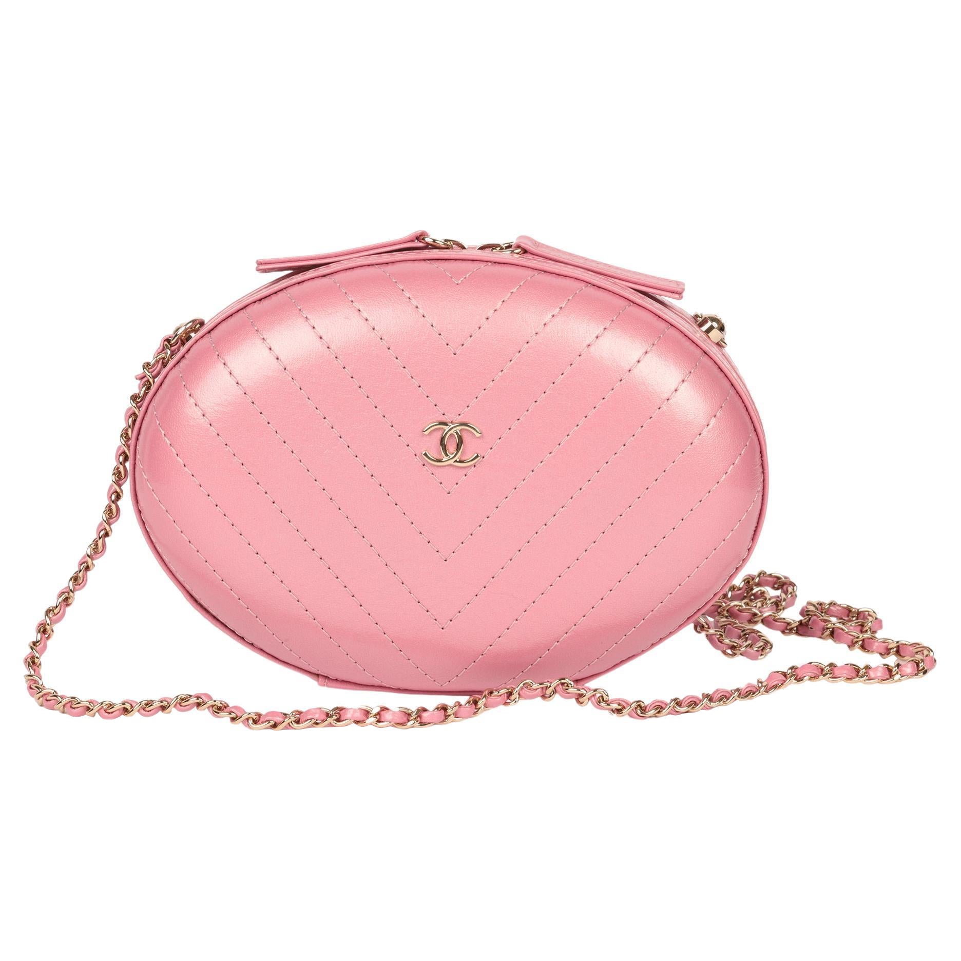 Chanel Pink Chevron Quilted Shiny Calfskin Leather La Pausa Classic Evening Bag