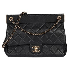 Chanel Black Lambskin & Snakeskin Leather Frame Medium Classic Single Flap Bag