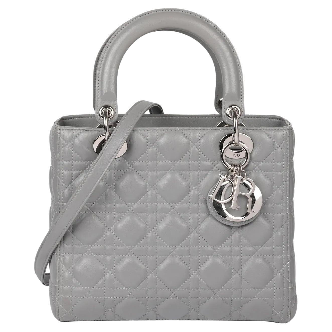 Christian Dior Grey Cannage Quilted Lambskin Medium Lady Dior en vente
