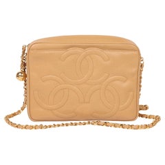 Chanel Beige Quilted Caviar Leather Vintage Small Triple Logo Camera Bag