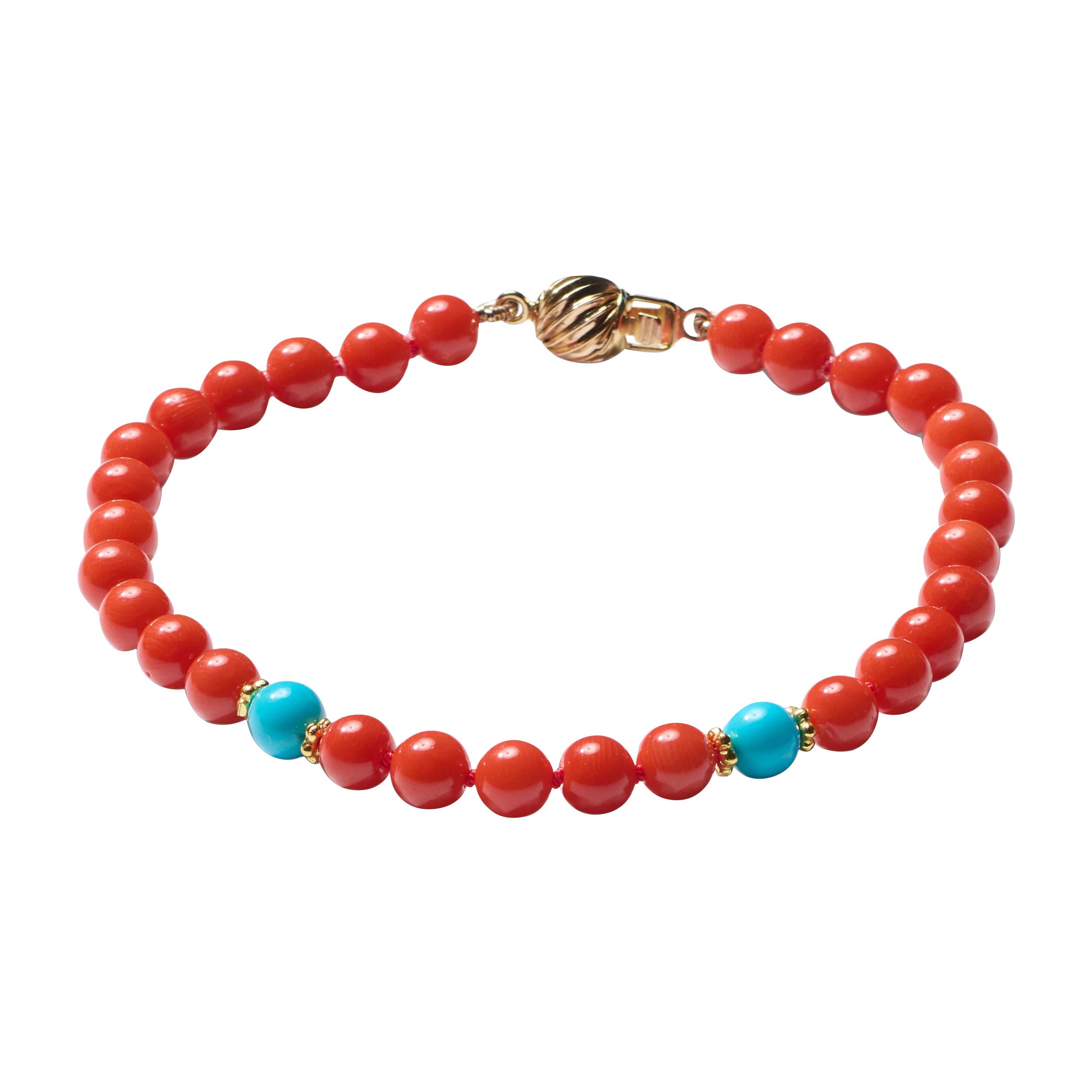 Genuine Sleeping Beauty Turquoise and Coral Bracelet in Yellow Gold