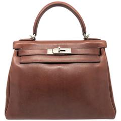 Hermes Kelly 28 Havane Evercalf Leather SHW Top Handle Bag