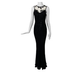 John Galliano Black Glitter Crochet Button Side Bias Panel Ruffle Hem Gown 1990s