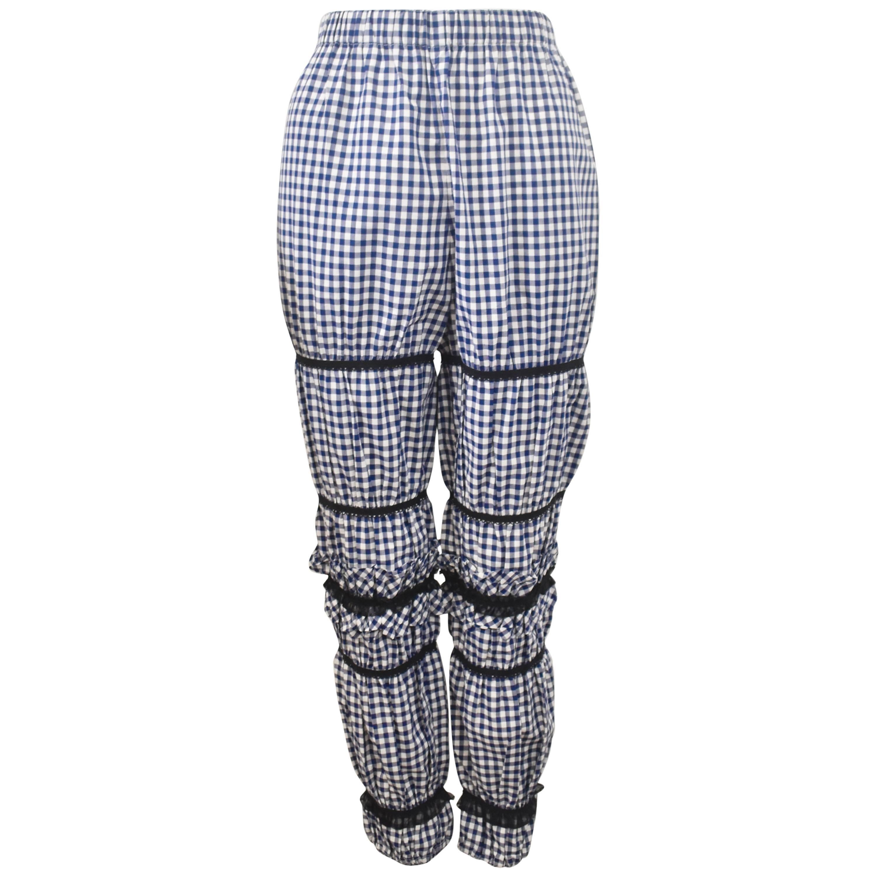 Comme des Garcons Blue and White Gingham Check with Ruffle Lace Details Trousers For Sale
