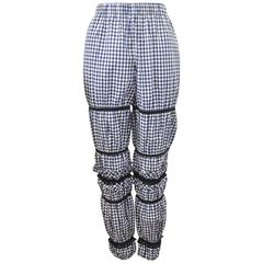 Comme des Garcons Blue and White Gingham Check with Ruffle Lace Details Trousers