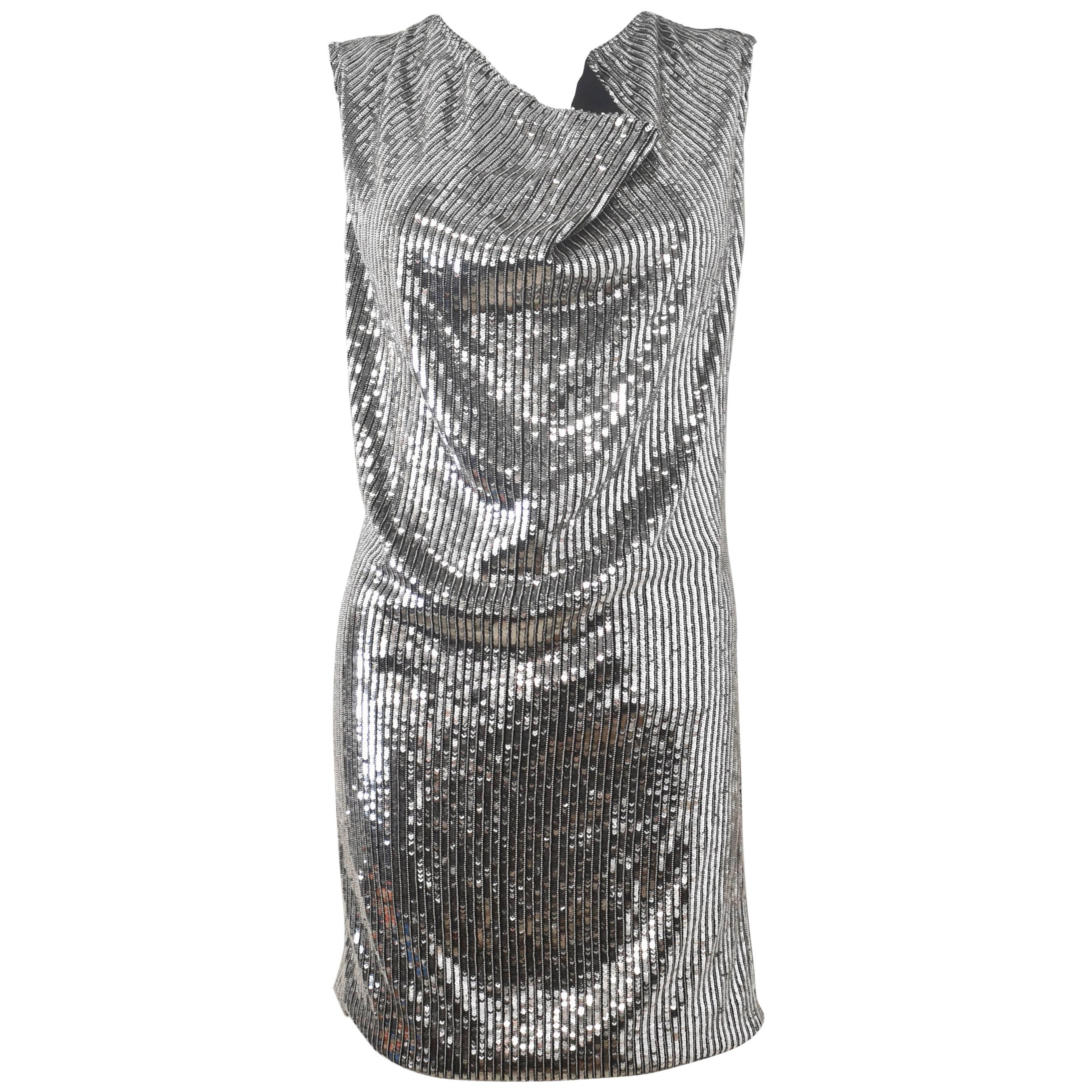 Saint Laurent Hedi Slimane Silver Silk Sequin and Beaded Mini Dress 2015