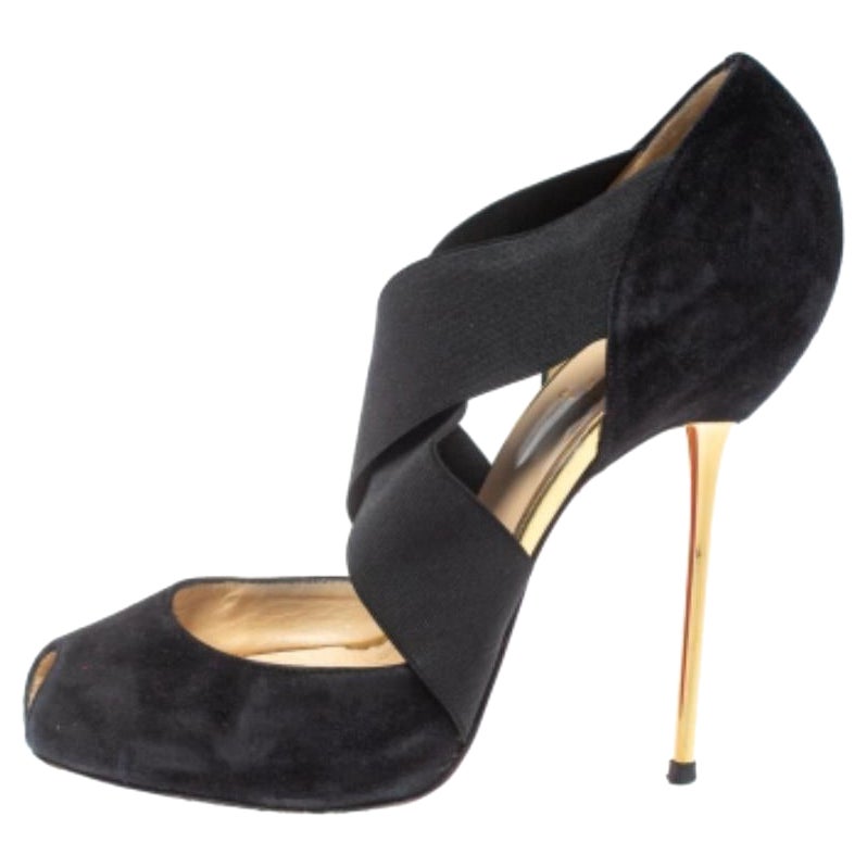 Christian Louboutin Black Suede And Elastic Cross Strap Peep Toe Sandals Size 38 For Sale