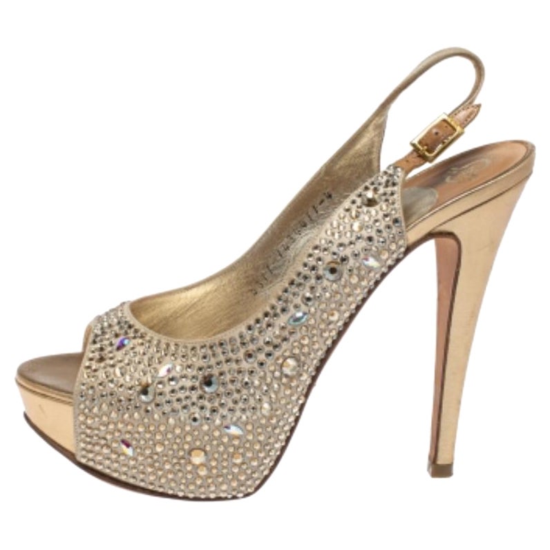 Gina Beige Satin Crystal Embellished Platform Peep Toe Slingback Sandals Size 37 For Sale