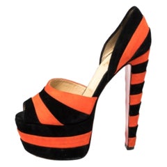 Christian Louboutin Black/Orange Suede Striped Platform Peep Toe Sandals Size 36