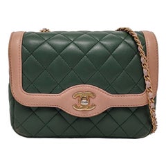 Chanel Mini Flap Green Lambskin Pink Edges Crossbody Bag