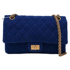Chanel 2.55 Double Flap Medium Royal Blue Fabric Gold Chain Strap
