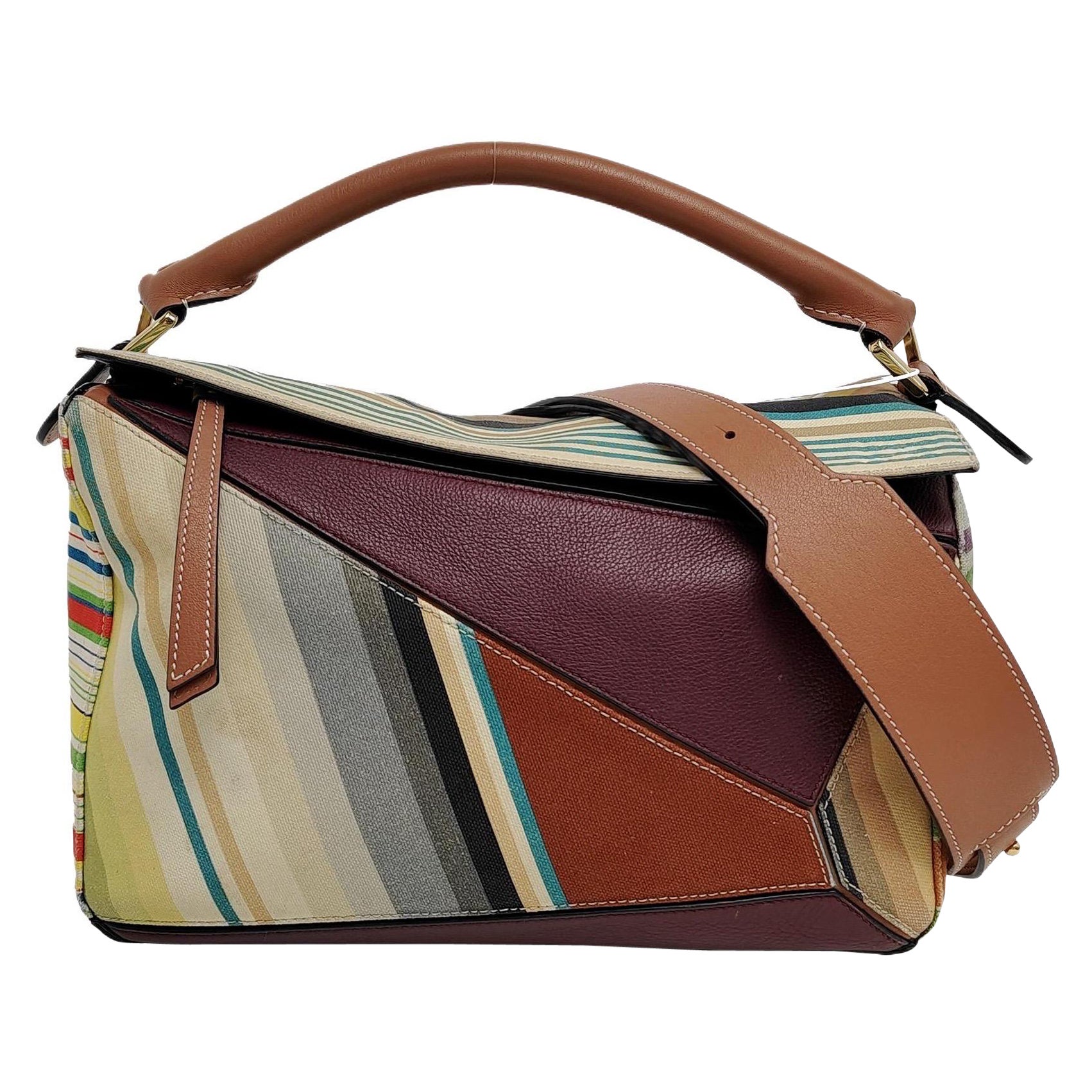 Loewe Puzzle Medium Multicolor Striped Canvas Leather Crossbody Bag en vente