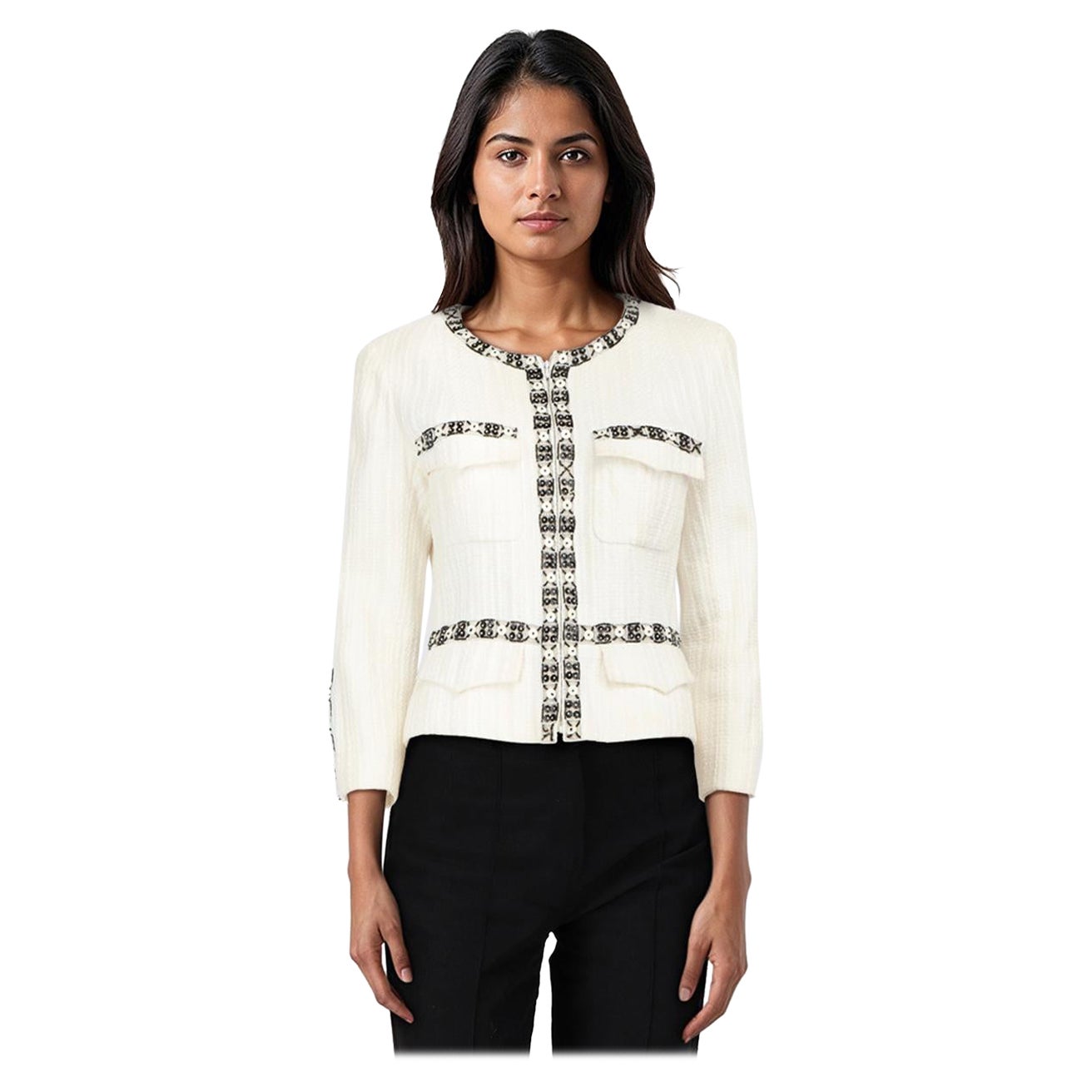 Chanel Spring 2003 Ecru Embroidered Blazer Size M For Sale