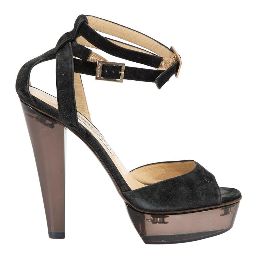 Jimmy Choo Black Suede Double Strapped Platform Sandals Size IT 38.5 For Sale