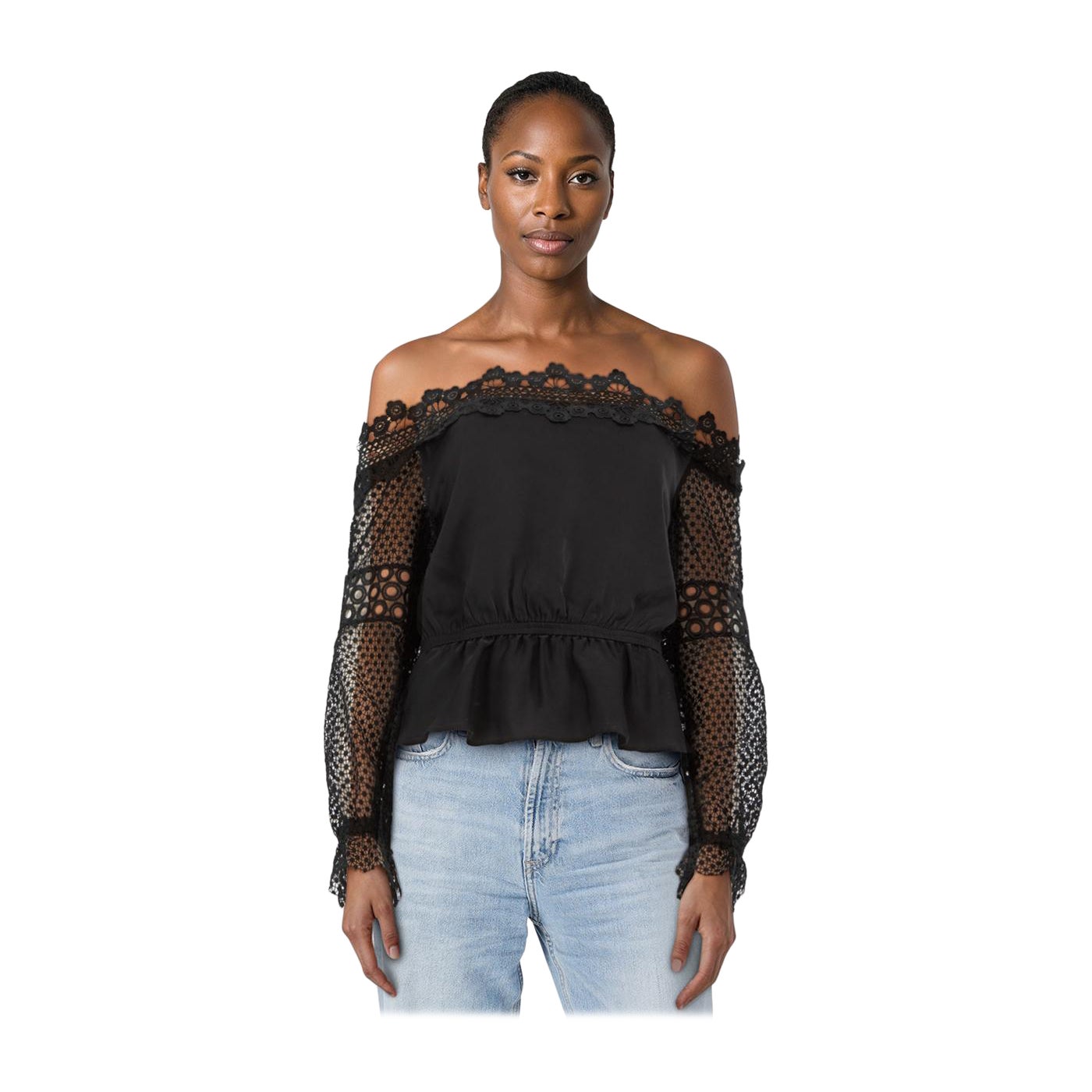 Self-Portrait Black Broderie Trim Blouse Size M For Sale