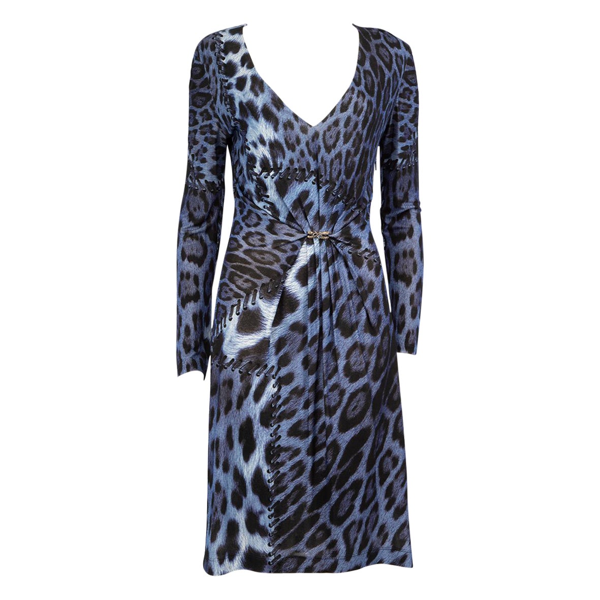 Roberto Cavalli - Robe bleue imprimée léopard et points, taille XL en vente