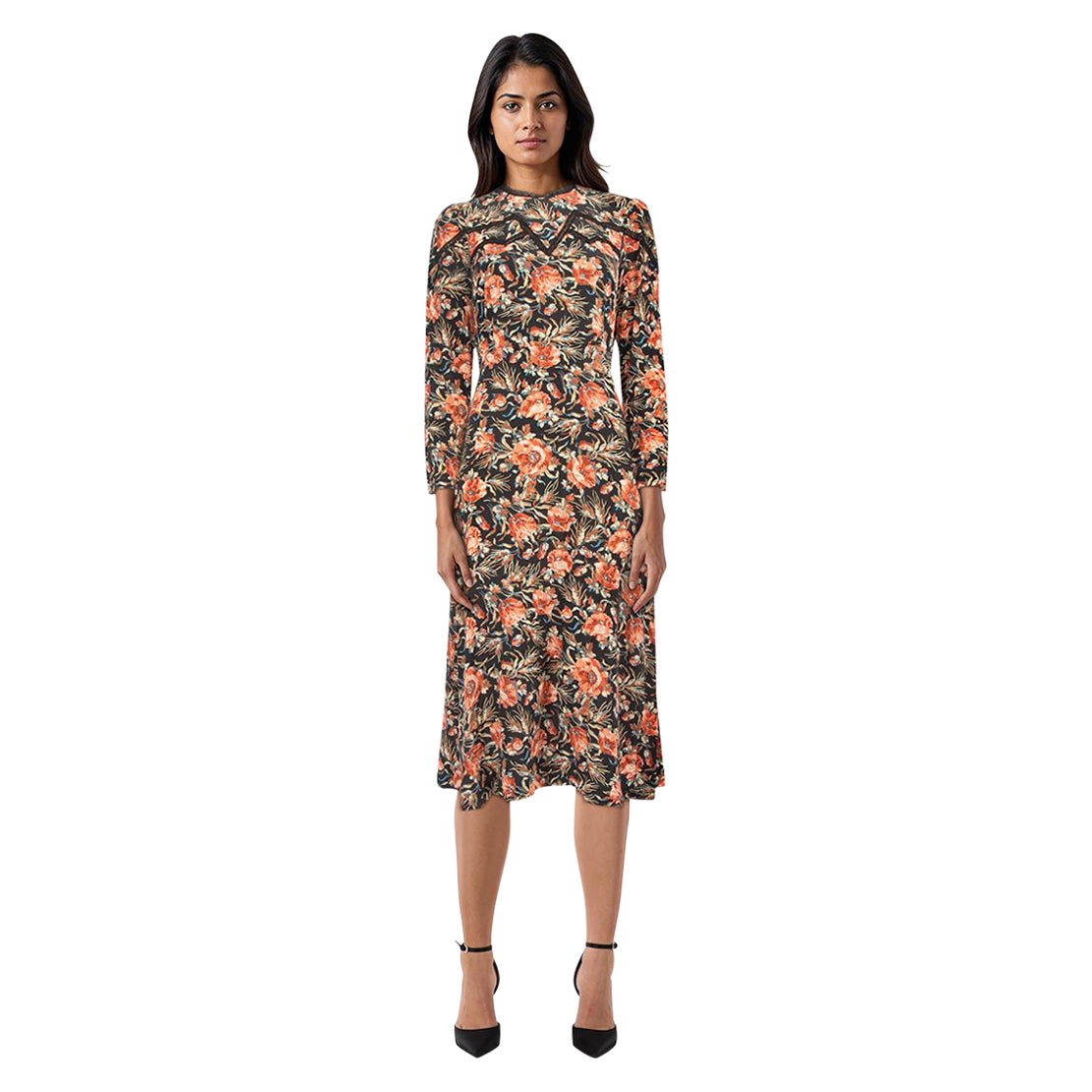 Sandro Floral Print Midi Long Sleeve Dress Size M For Sale
