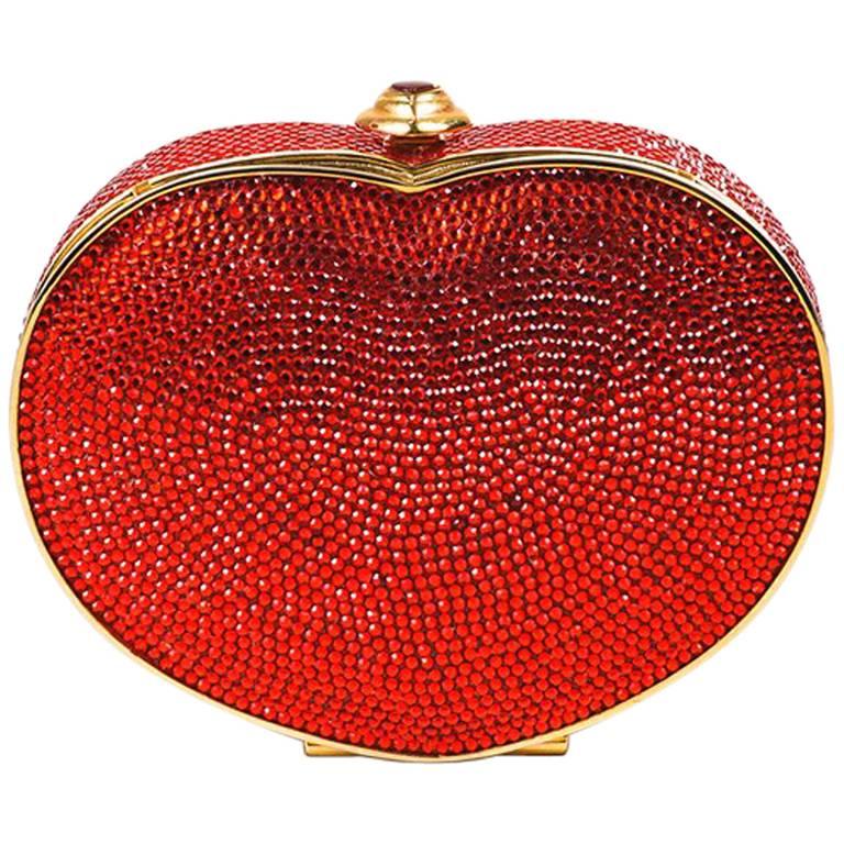Judith Leiber Red Gold Tone Crystal Embellished Heart Minaudiere Clutch Bag For Sale