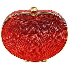 Judith Leiber Red Gold Tone Crystal Embellished Heart Minaudiere Clutch Bag