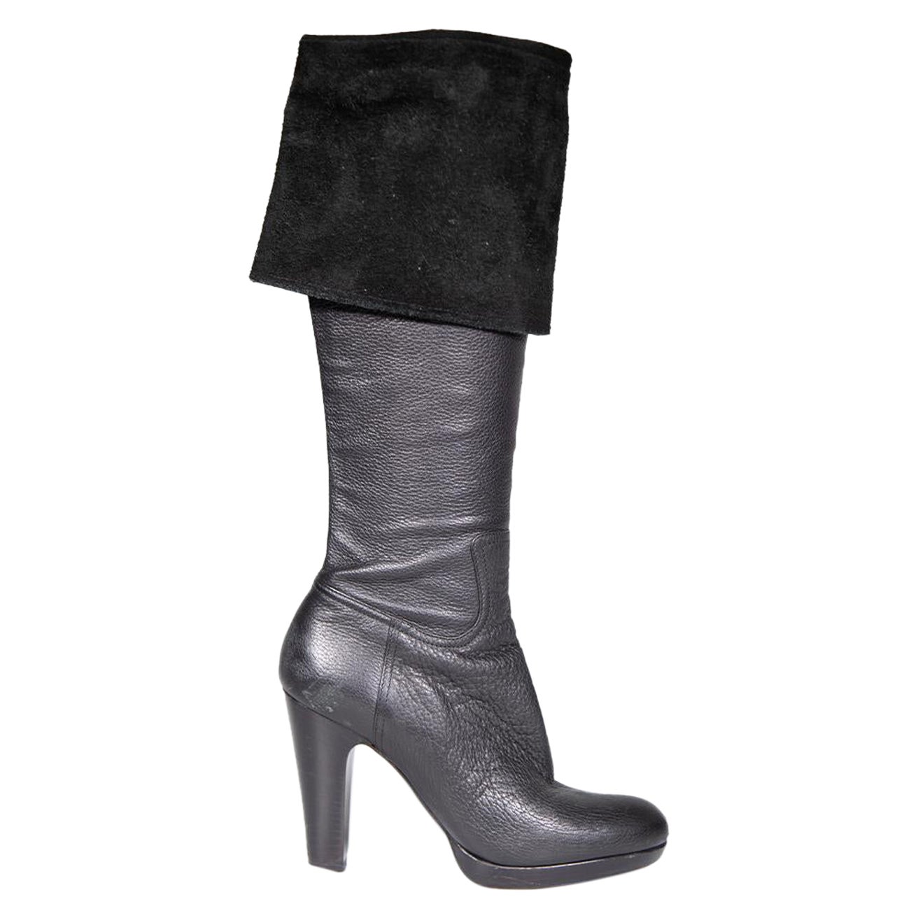 Miu Miu Black Leather Cuffed Heeled Boots Size IT 38 For Sale