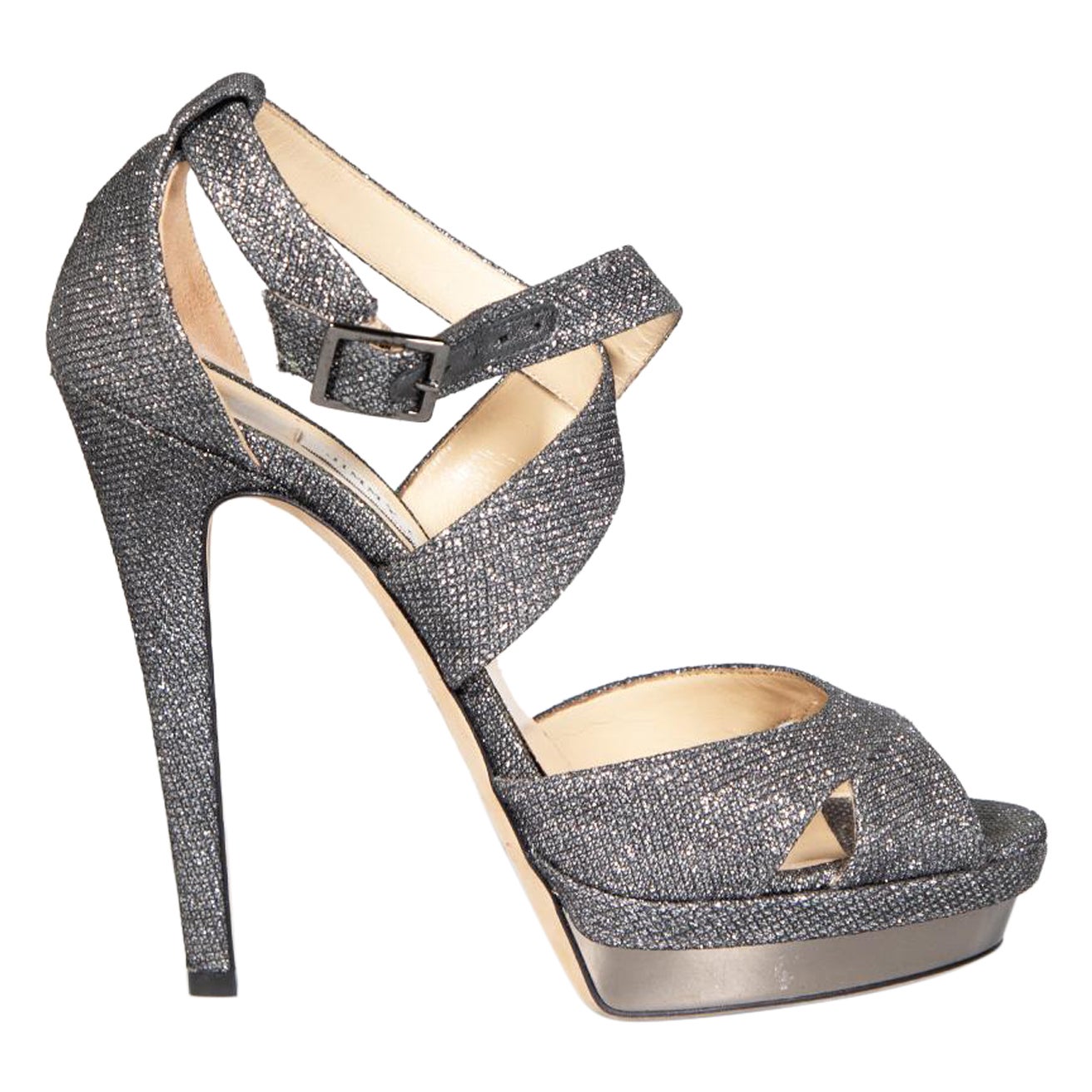 Jimmy Choo Silver Glitter Metallic Sandals Size IT 40.5 For Sale