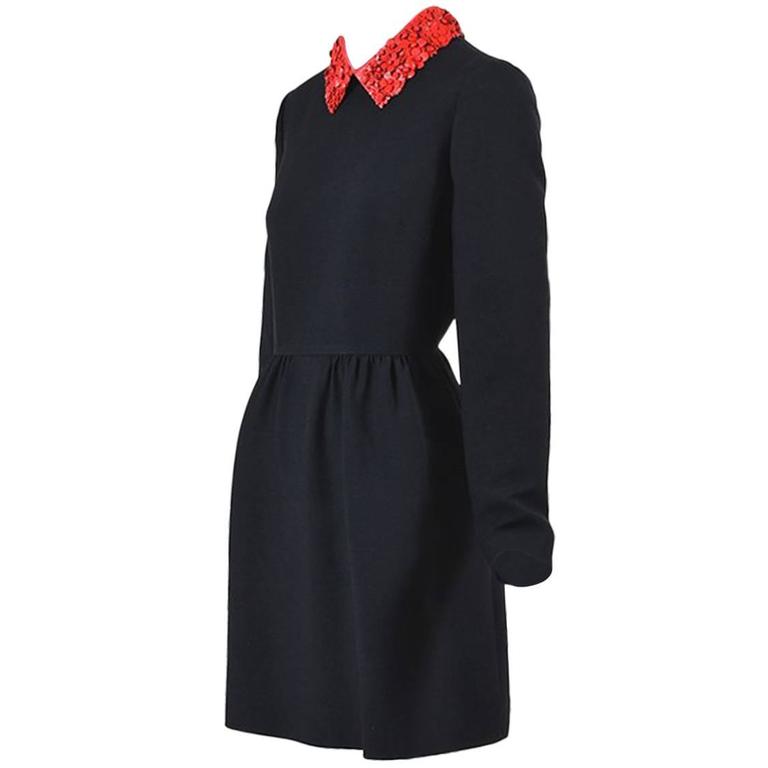 Valentino Runway Black Red Wool Floral Leather Collar Long Sleeve Dress Valentino Runway Black Red Wool Floral Leather Collar Long Sleeve Dress