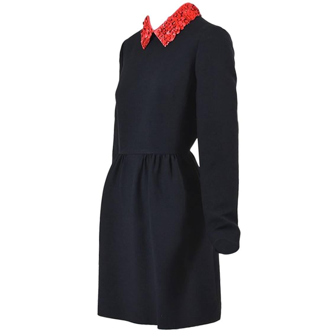 Valentino Runway Black Red Wool Floral Leather Collar Long Sleeve Dress For Sale