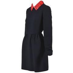 Valentino Runway Black Red Wool Floral Leather Collar Long Sleeve Dress