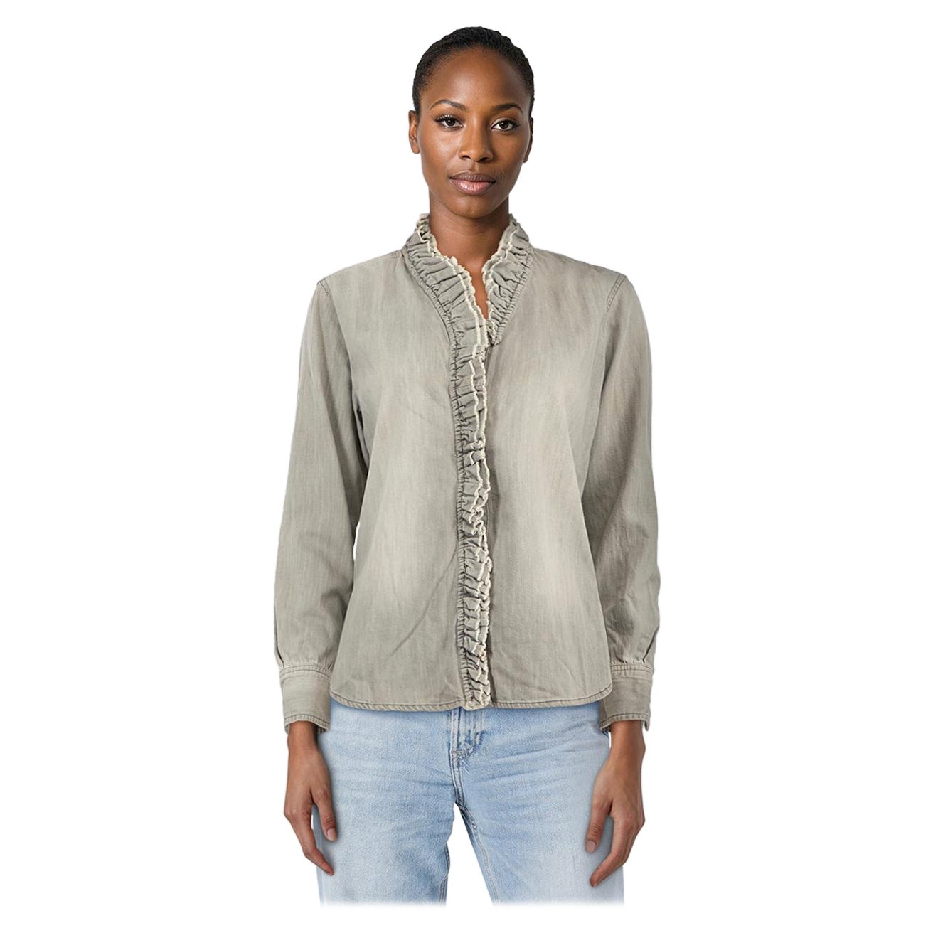 Isabel Marant Grey Ruffle Trim Denim Blouse Size XL For Sale