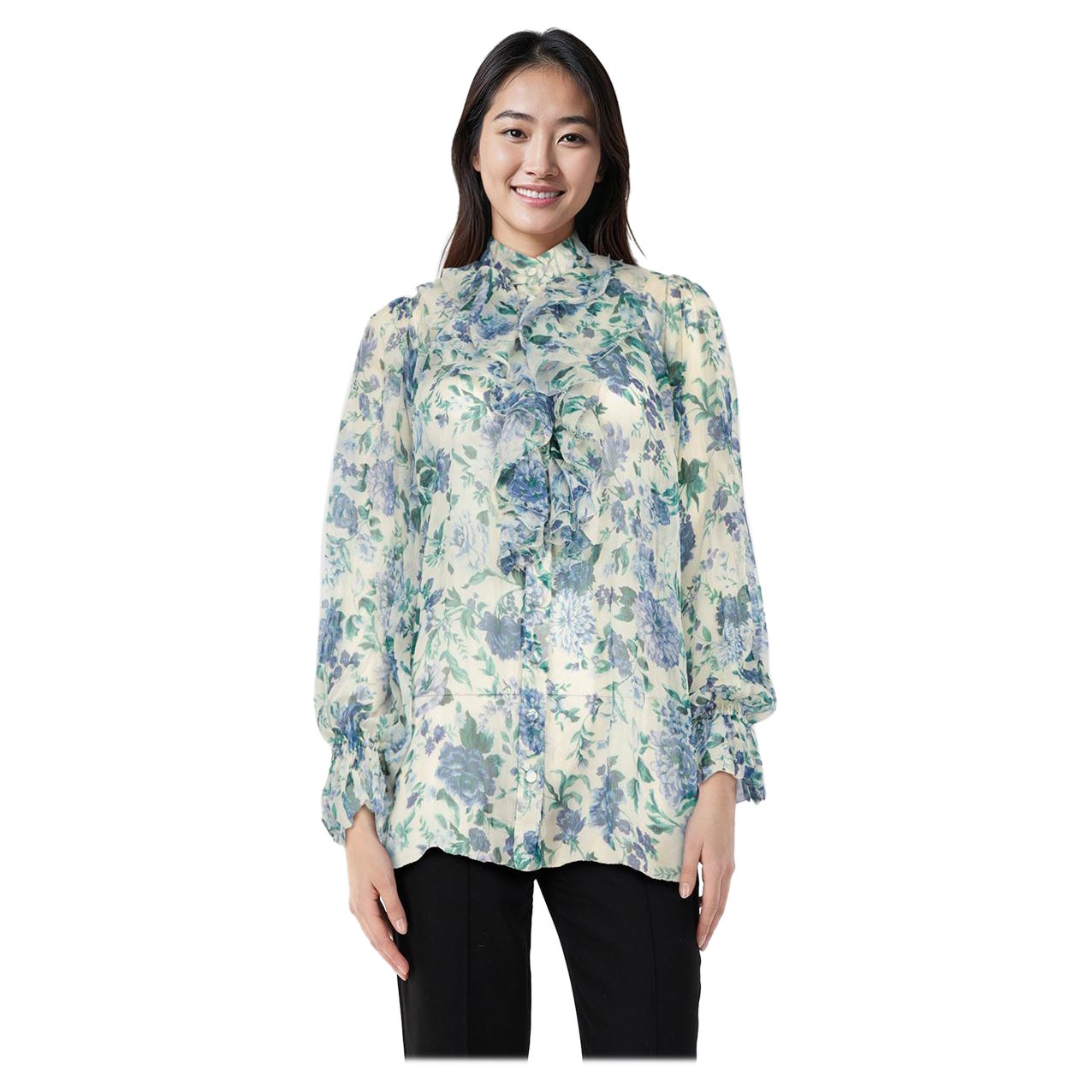 Zimmermann Blue Floral Silk Ruffle Trim Sheer Top Size S For Sale