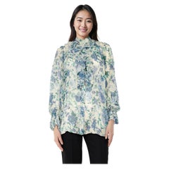 Zimmermann Blue Floral Silk Ruffle Trim Sheer Top Size S