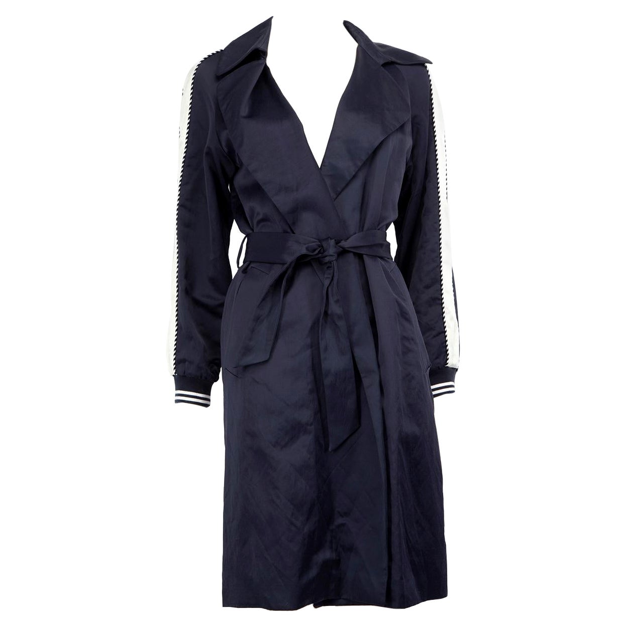 Sandro Navy Belted White Trim Trench Coat Size M For Sale