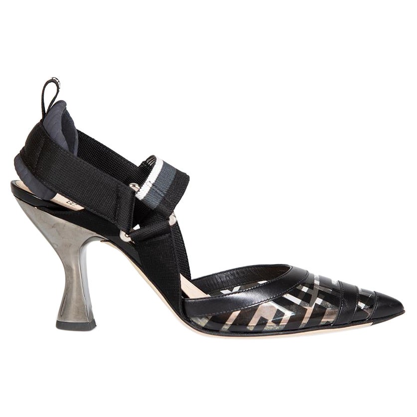 Fendi Black Zucca FF Logo PVC Slingback Heels Size IT 37.5 For Sale
