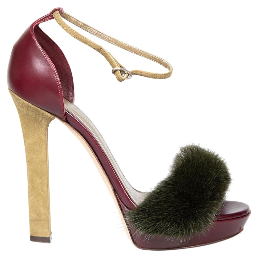 Alexander McQueen Leather Fur Trim Heeled Sandals Size IT 38 For Sale