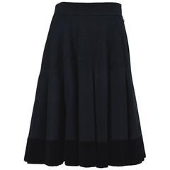 Chanel Pre A14 Runway Black Wool Velvet Trim Pleated Flare Skirt 