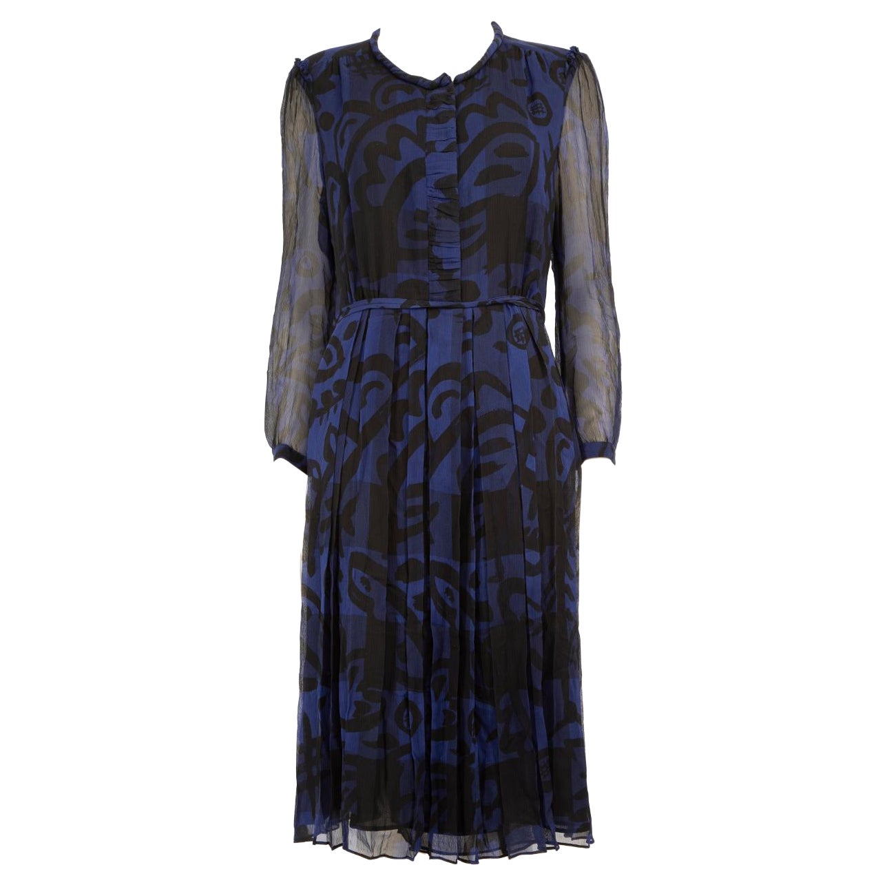 Burberry - Vestito a maniche lunghe in seta astratta blu taglia XXL in vendita
