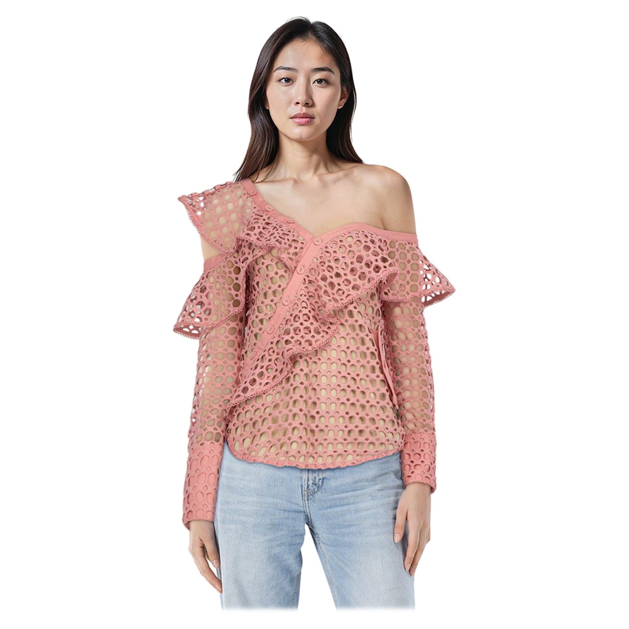 Self-Portrait Pink Lace Off Shoulder Blouse Size S For Sale