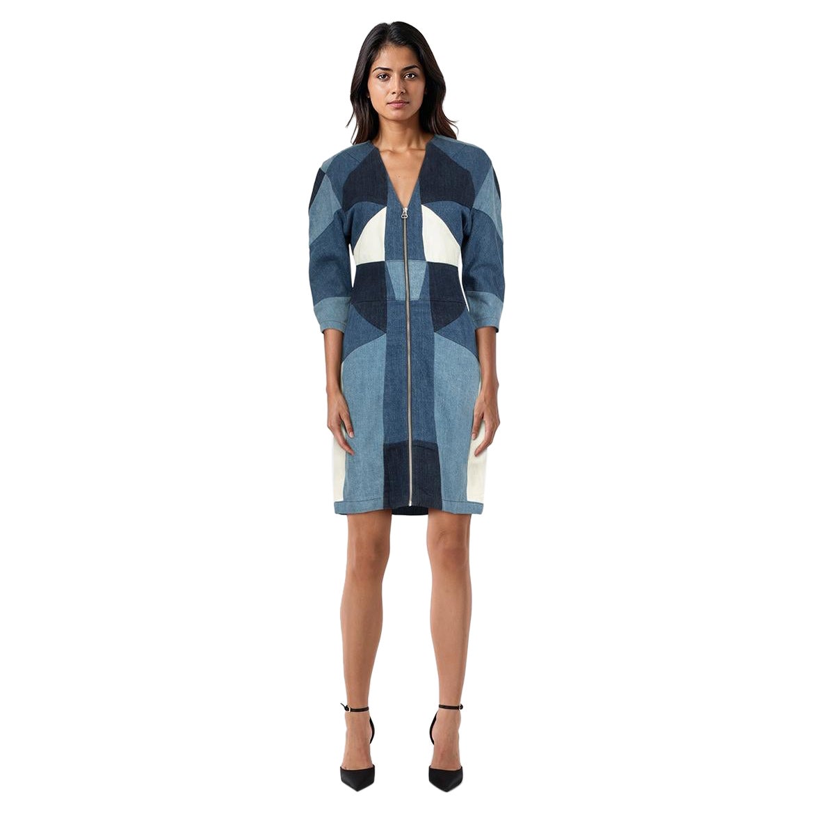 Maje Denim Patchwork V Neck Dress Size S For Sale