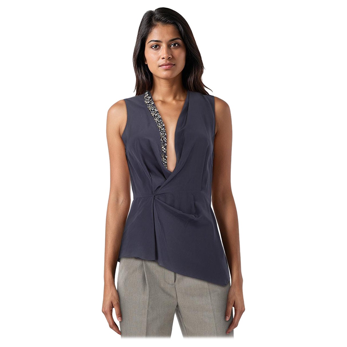 3.1 Phillip Lim Navy Silk Embellished V Neck Top Size S For Sale