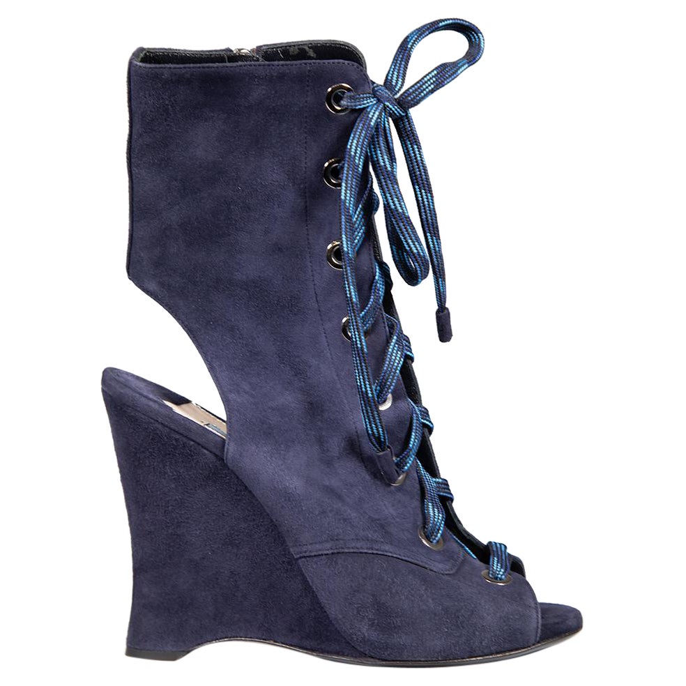 Prada Navy Suede Lace Up Wedges Size IT 38 For Sale