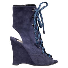 Prada Navy Suede Lace Up Wedges Size IT 38