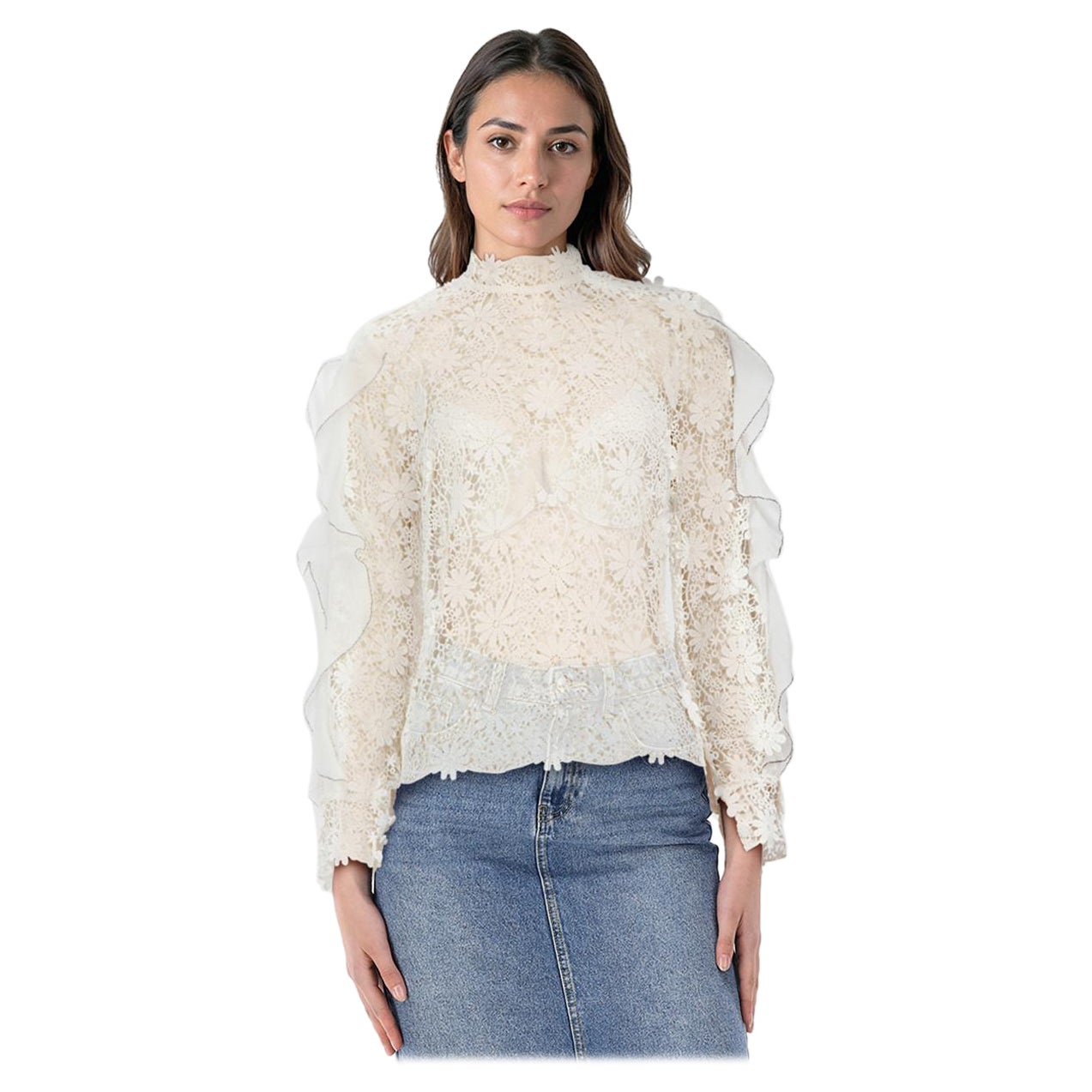 Self-Portrait White Broderie Anglaise Sheer Blouse Size XS For Sale