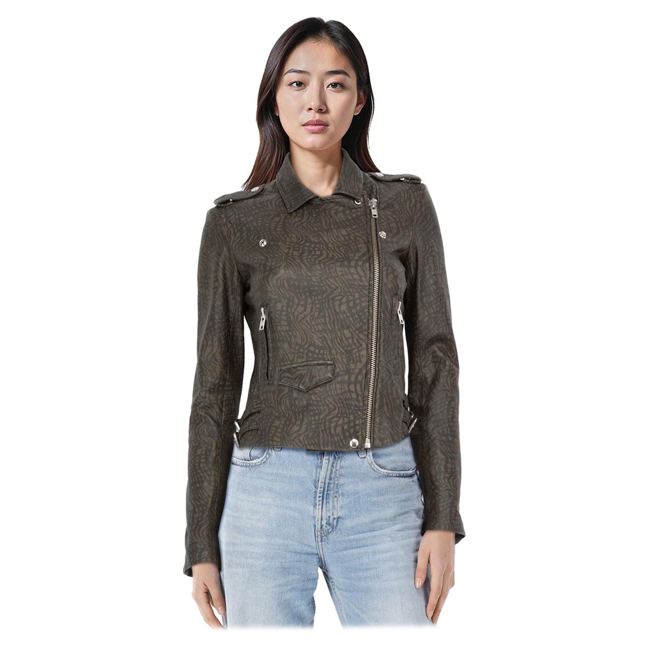 Iro Green Abstract Print Leather Biker Jacket Size S For Sale